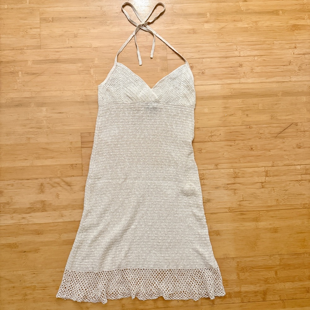 Theory Bergdorf Goodman Cream Open Knit Linen Cotton blend halter mini Dress